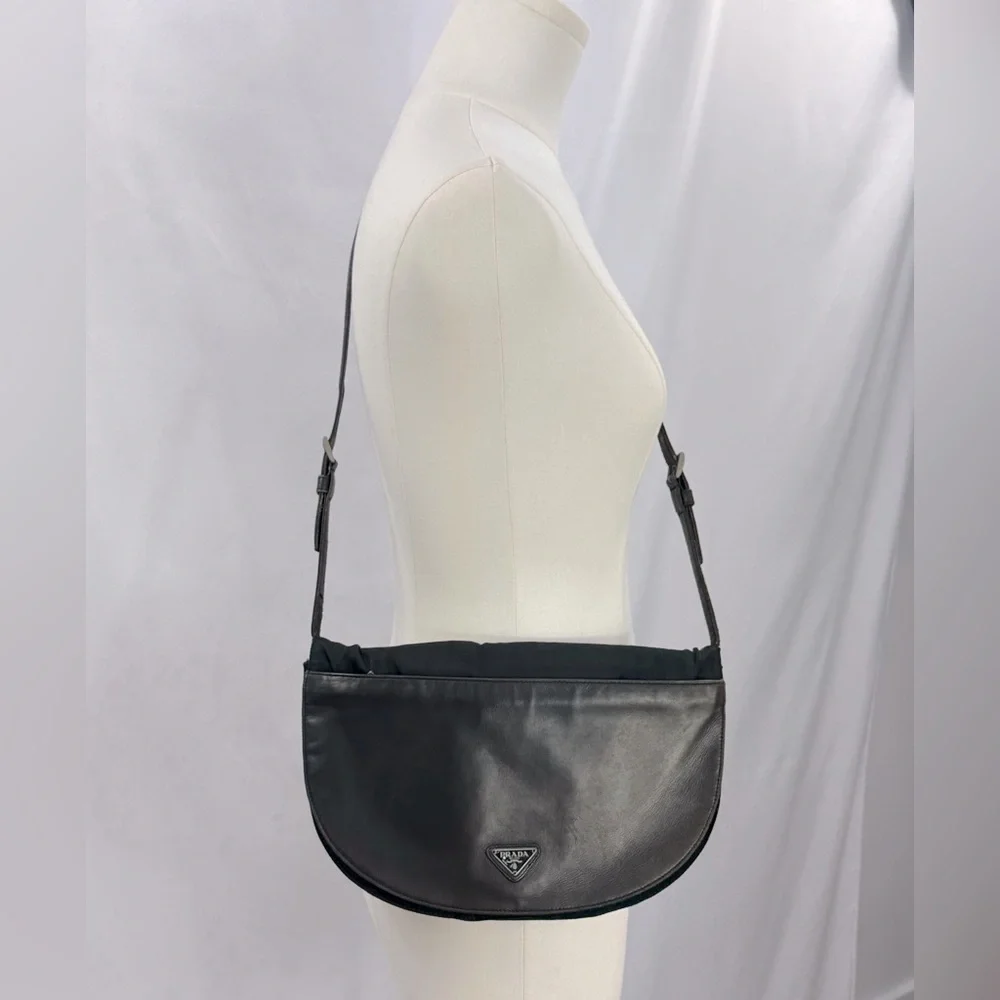 Prada Vintage Leather & Canvas Shoulder Crossbody Bag Black n Brown